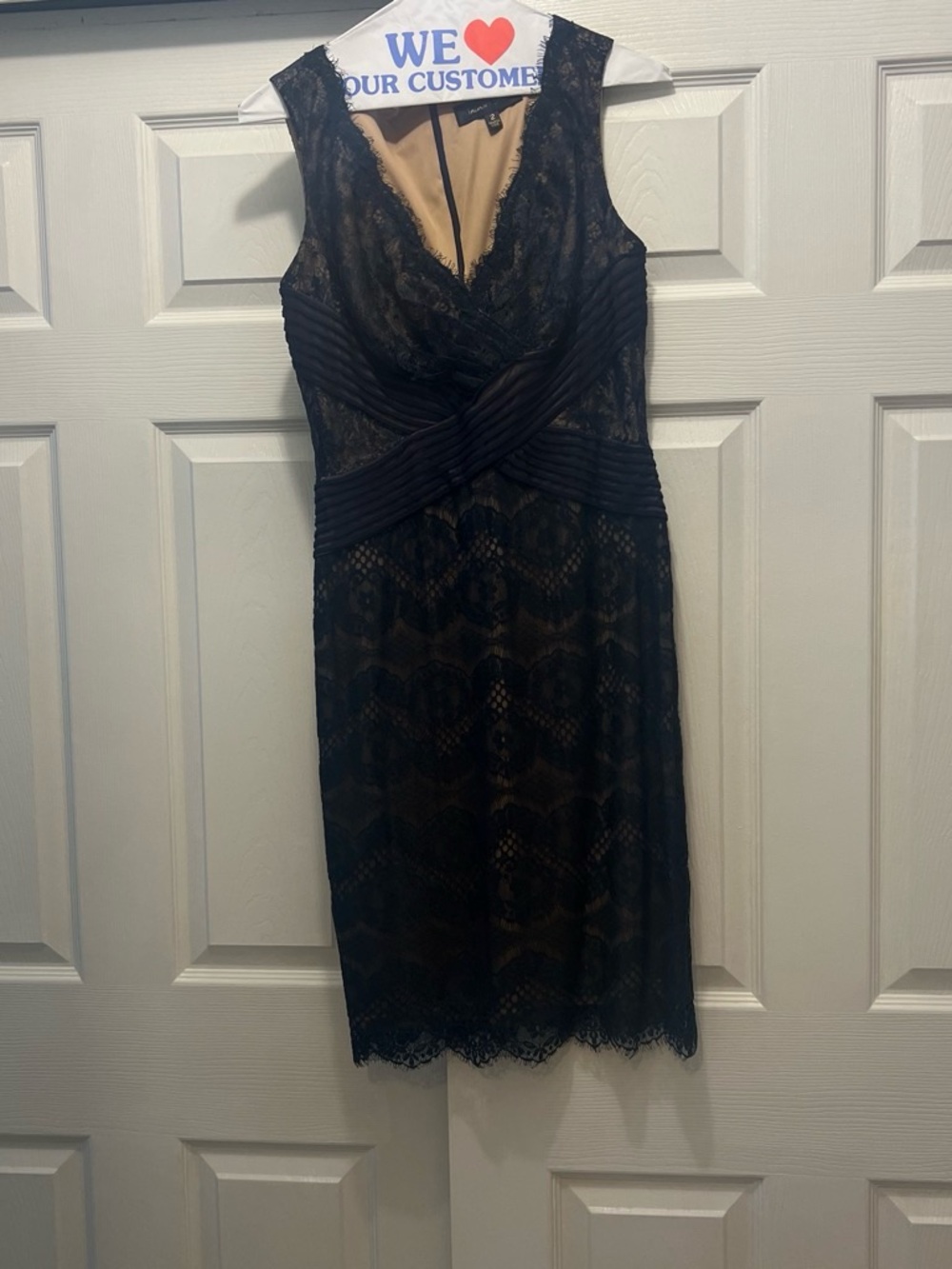 Tadashi Shoji Black Lace Midi Dress with Nude Lining Contrast